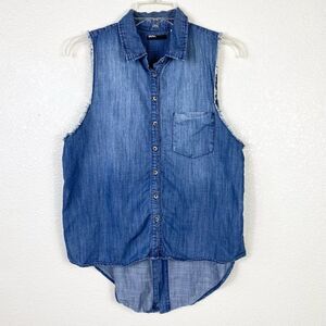 BDG Chambray Denim Distressed Hem Sleeveless Button Up Shirt